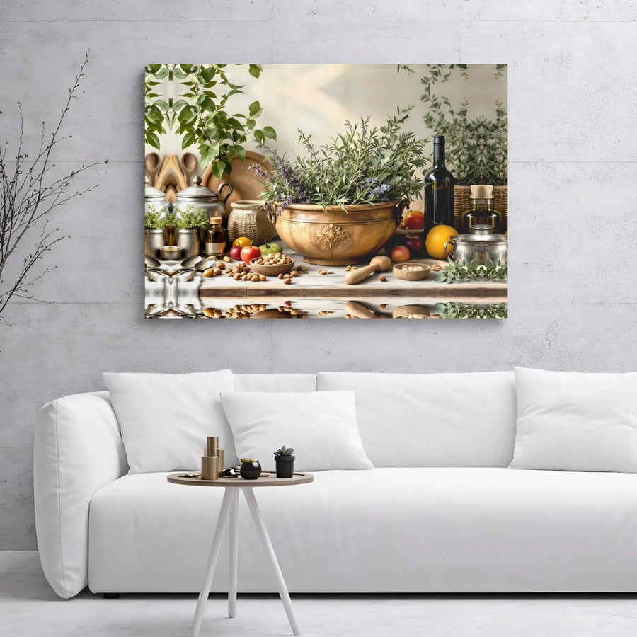 Rustic Kitchen Still Life Canvas | Fresh Herbs Wine And Fruit Art | Premium 1.25 Inch Gallery Wrap | Farmhouse Decor For Dining Room
