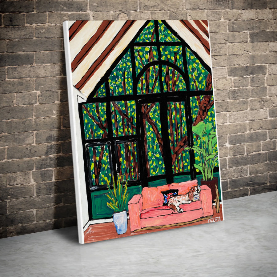 Springer Spaniel Vertical Canvas | Colorful Painting of Dog Napping on Pink Sofa | Premium Gallery Wrap Art | Gift for Dog Lover & Modern Home Decor