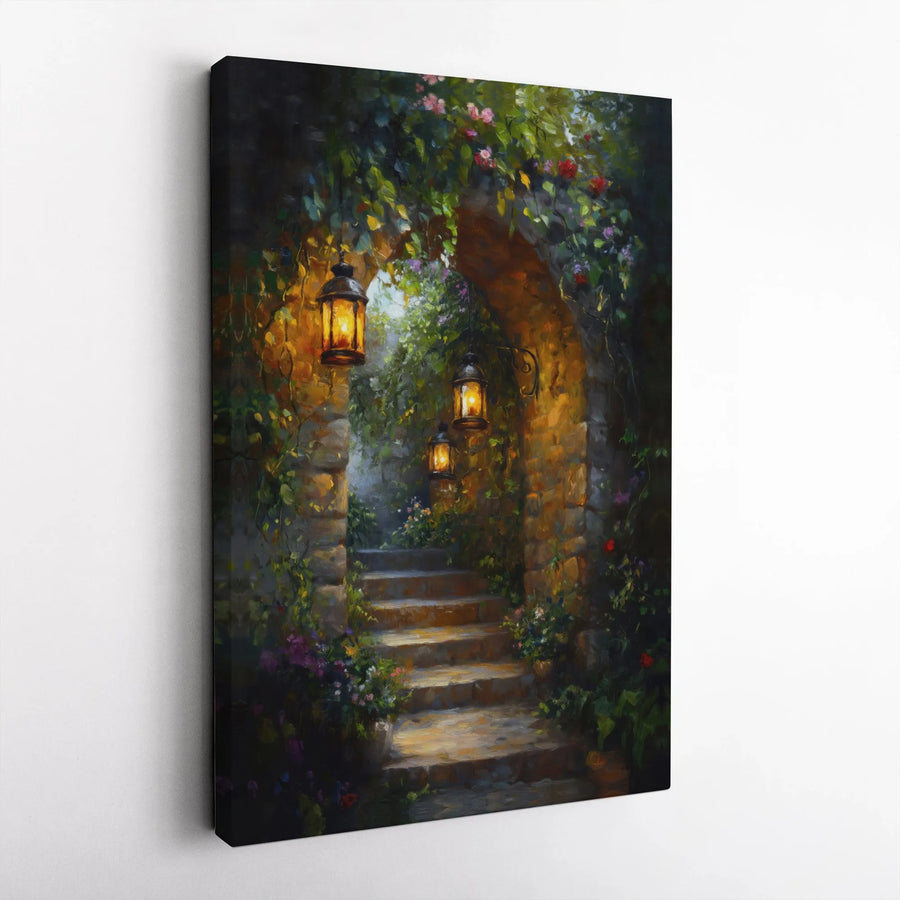 Secret Garden Canvas Wall Art | Lantern Lit Stairway Painting | Gallery Wrapped Premium Canvas | Romantic Home Decor Gift for Living Room