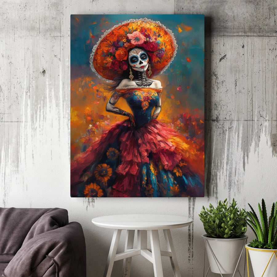 Day Of The Dead Canvas Art | La Catrina Floral Portrait | Premium Gallery Wrap Wall Decor | Mexican Folk Art Gift For Home Office