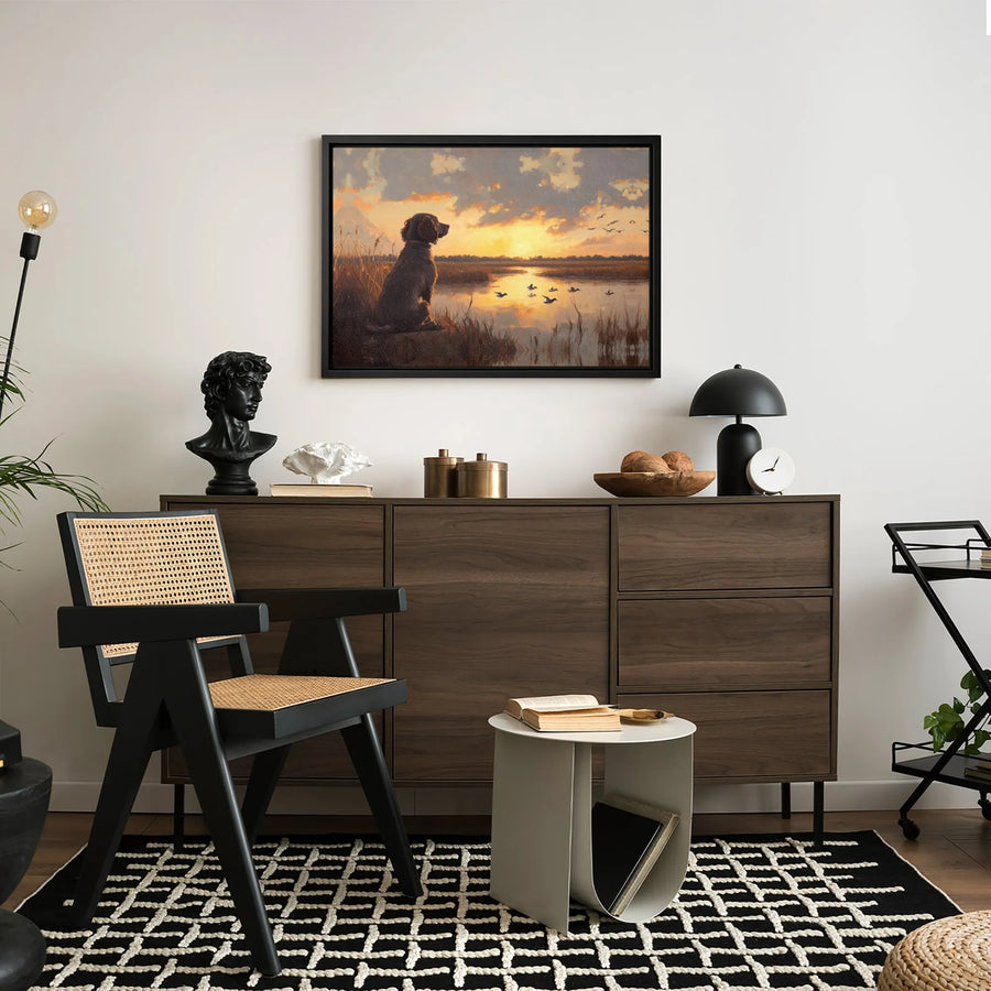 Hunting Dog Canvas Wall Art | Golden Sunset Marsh Landscape | Premium Gallery-Wrapped Print | Country Lodge Decor for Hunters