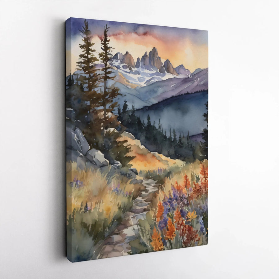 Watercolor Mountain Landscape Canvas | Scenic Pine Tree & Wildflower Trail | Premium High-Resolution Print | Rustic Home Decor Gift for Nature Lover