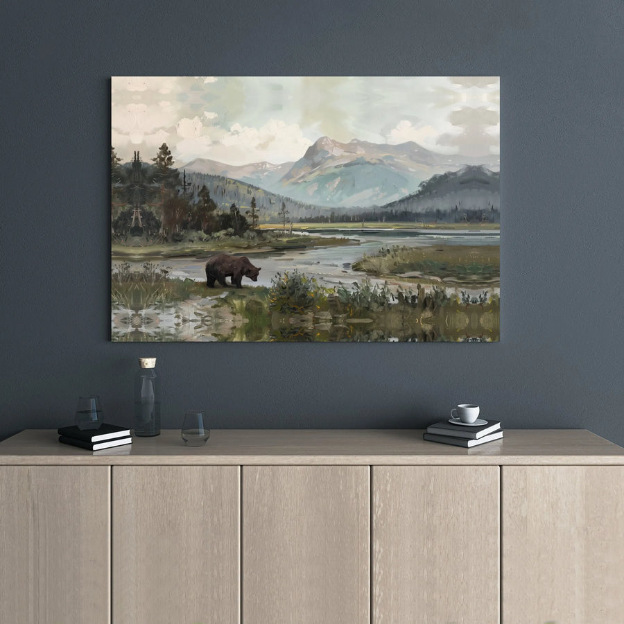 Brown Bear Mountain Landscape Canvas Wall Art | Rustic Nature Painting Print | Premium Gallery Wrap 1.25" Frame | Wildlife Decor for Home or Office Gift