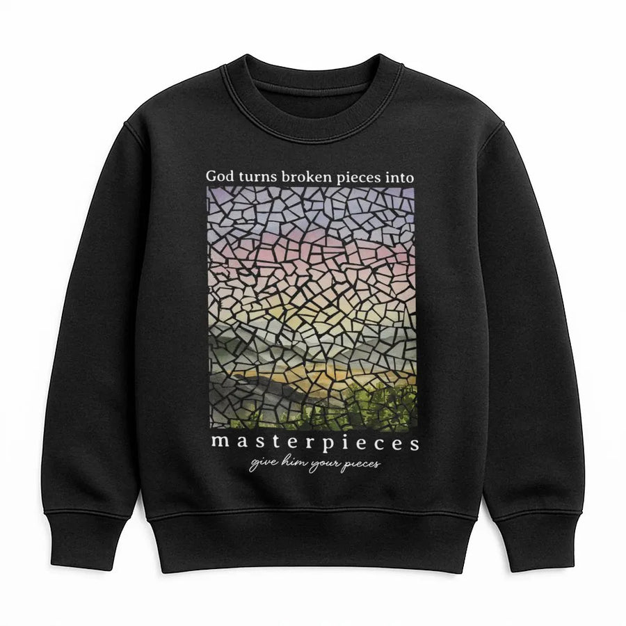 God Turns Broken Pieces Into Masterpieces Sweatshirt | Inspirational Stained Glass Landscape Art | Premium Cotton Blend | Faith-Based Religious Gift