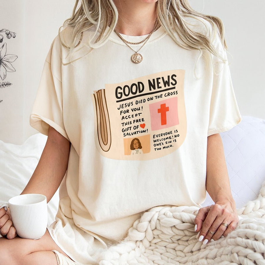 Good News Christian T-Shirt | Vintage Newspaper Gospel Design | 100% Cotton Premium Tee | Faith-Based Religious Gift for Men and Women