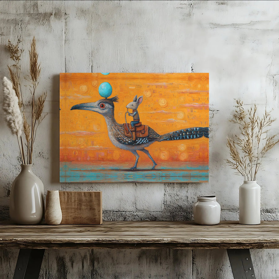 Whimsical Mouse Riding Roadrunner Horizontal Canvas | Surreal Desert Painting Style Print | Premium 1.25" Gallery Wrap | Unique Fantasy Art Gift for Living Room