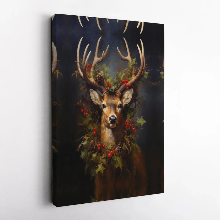 Majestic Deer Canvas Print | Christmas Holly Wreath Wall Art | Premium Fade-Resistant Gallery Wrap | Seasonal Holiday Home Decor Gift