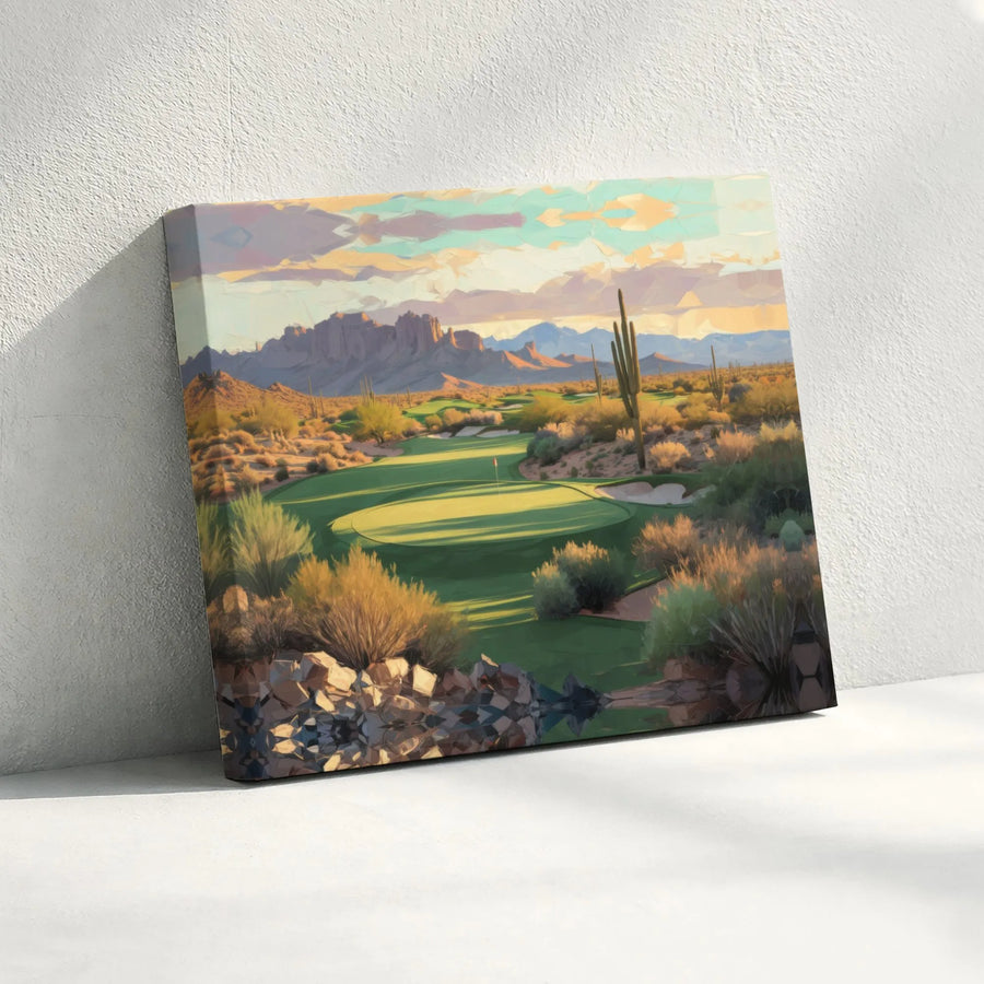 Arizona Desert Golf Canvas Art | Southwestern Landscape with Saguaro Cactus | Premium Gallery Wrapped Print | Unique Golfer Gift for Office Decor