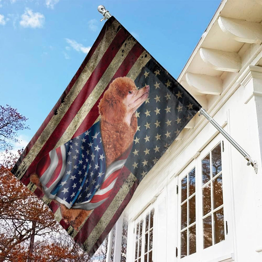 Red Poodle American Flag Garden Flag | Distressed Patriotic Dog Art | Premium Weather-Resistant Polyester | Gift for Dog Lovers & Veterans
