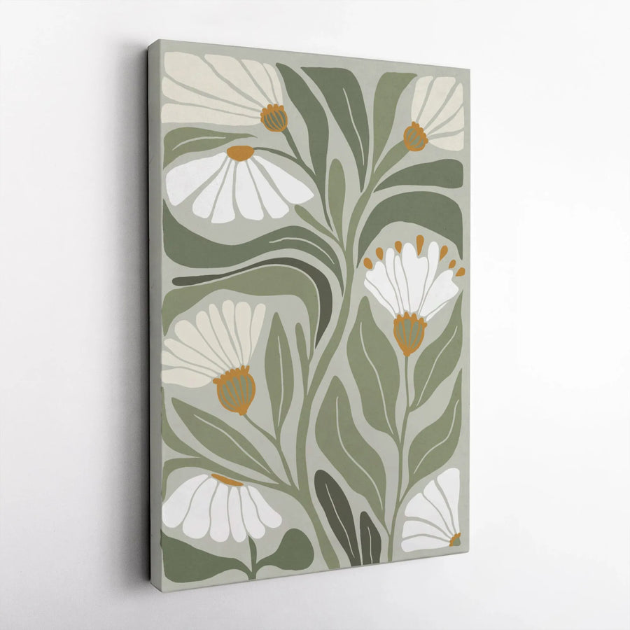 Sage Green Floral Vertical Canvas | Minimalist Daisy Illustration | Premium 1.25" Thick Gallery Wrap | Modern Botanical Boho Home Decor Gift