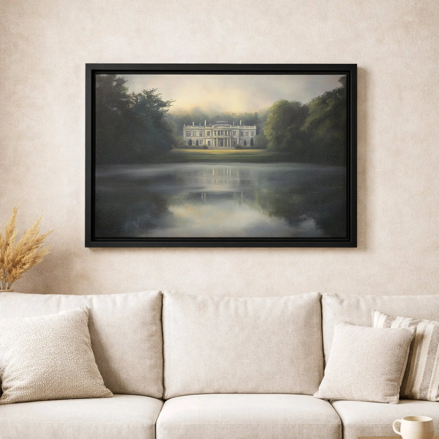 Stately Manor Landscape Canvas | Misty Lake Reflections Wall Art | Premium Fade-Resistant Print | Elegant Home & Office Decor