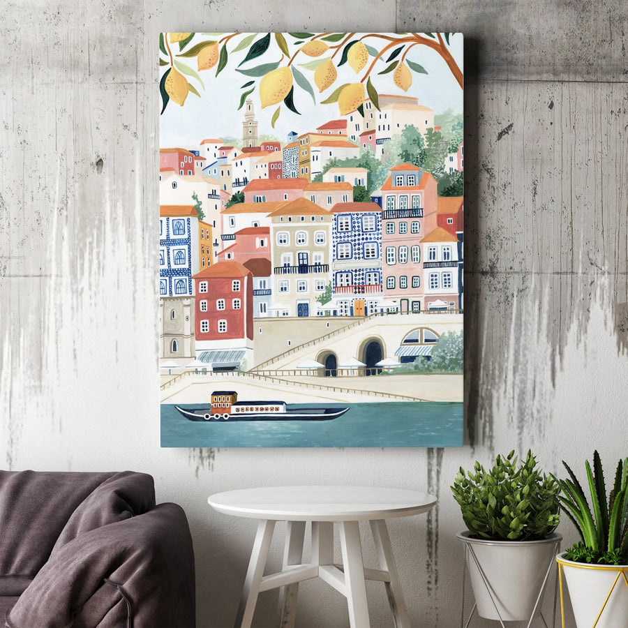 Porto Portugal Canvas Print | Lemon Tree Cityscape Illustration | Premium Gallery Wrapped Canvas | European Travel Lover Gift