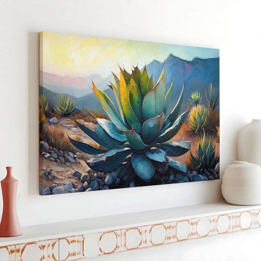 Blue Agave Desert Landscape Canvas Art | Southwestern Mountain Sunset Print | Premium Gallery Wrap Decor | Modern Wall Art for Home or Office