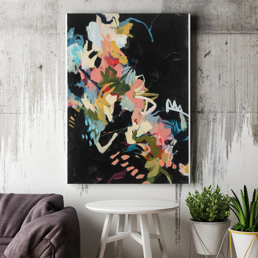 Abstract Colorful Vertical Canvas | Vibrant Brushstroke Painting on Black Background | Premium Gallery Wrapped Print | Modern Home Decor Gift