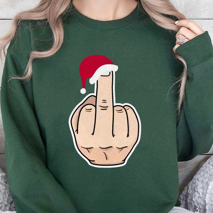 Funny Christmas Sweatshirt | Santa Hat Middle Finger Graphic | Premium Cotton Blend | Sarcastic Holiday Party Gift for Men and Women