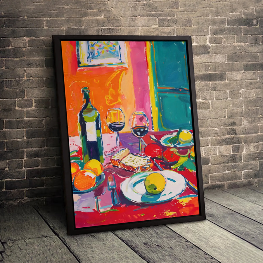 Colorful Still Life Dining Canvas | Abstract Wine and Fruit Painting | Premium Gallery Wrap Wall Art | Kitchen and Dining Room Decor