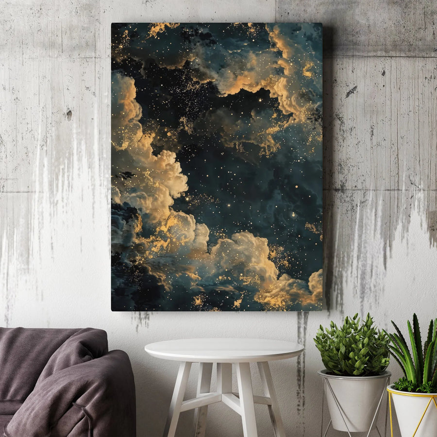 Abstract Night Sky Canvas Print | Golden Celestial Cloud Wall Art | Premium Gallery Wrap Decor | Modern Bedroom & Living Room Gift