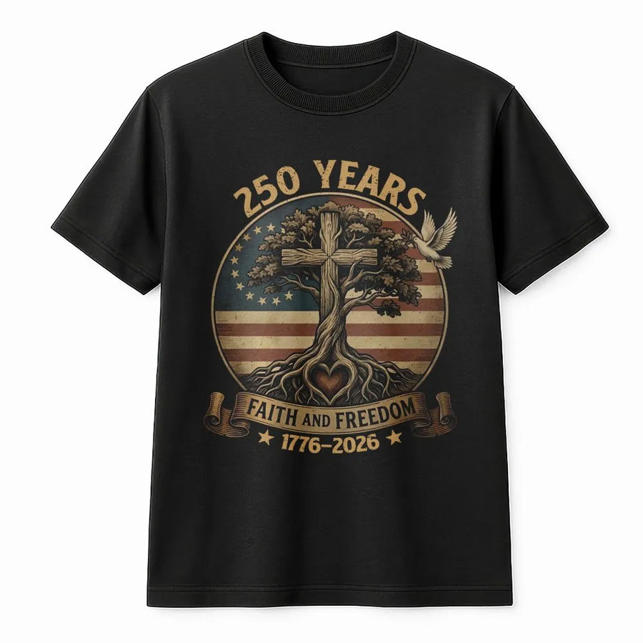 250th Anniversary USA T-Shirt | Faith and Freedom Patriotic Tree Design | Premium 100% Cotton | Independence Day Gift for Americans