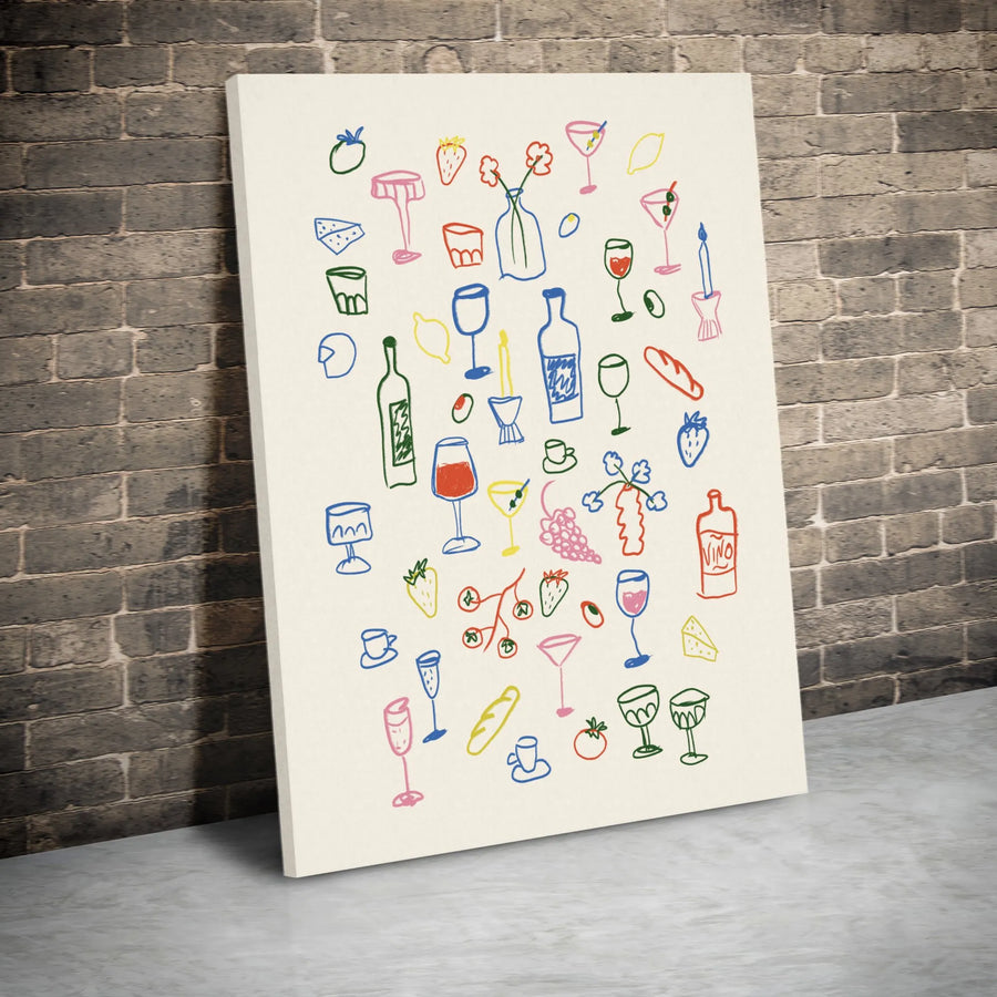 Colorful Wine Food Doodles Canvas Print | Minimalist Kitchen Wall Art | Premium Gallery-Quality Decor | Gift for Wine Lovers