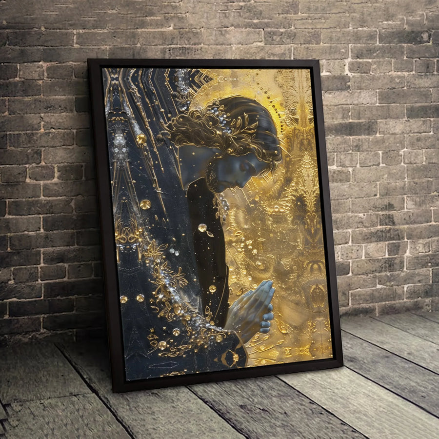 Praying Figure Canvas Art | Black And Gold Abstract Wall Decor | Premium Fade-Resistant Print | Spiritual Home Office Gift