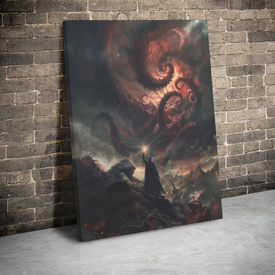 Dark Fantasy Wall Art | Eldritch Horror Tentacle Monster Battle | Gallery Wrap Canvas Print | Gothic Home Decor Gift for Gamers