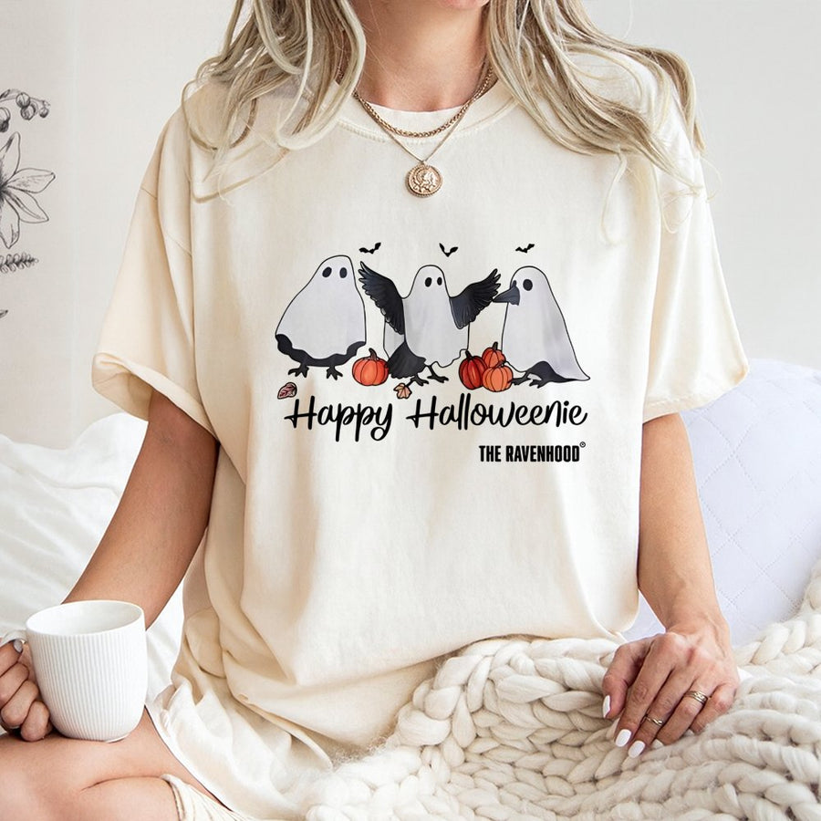 Happy Halloweenie T-Shirt | Cute Ghost Raven Design | 100% Cotton Premium Tee | Spooky Book Club Gift for Readers