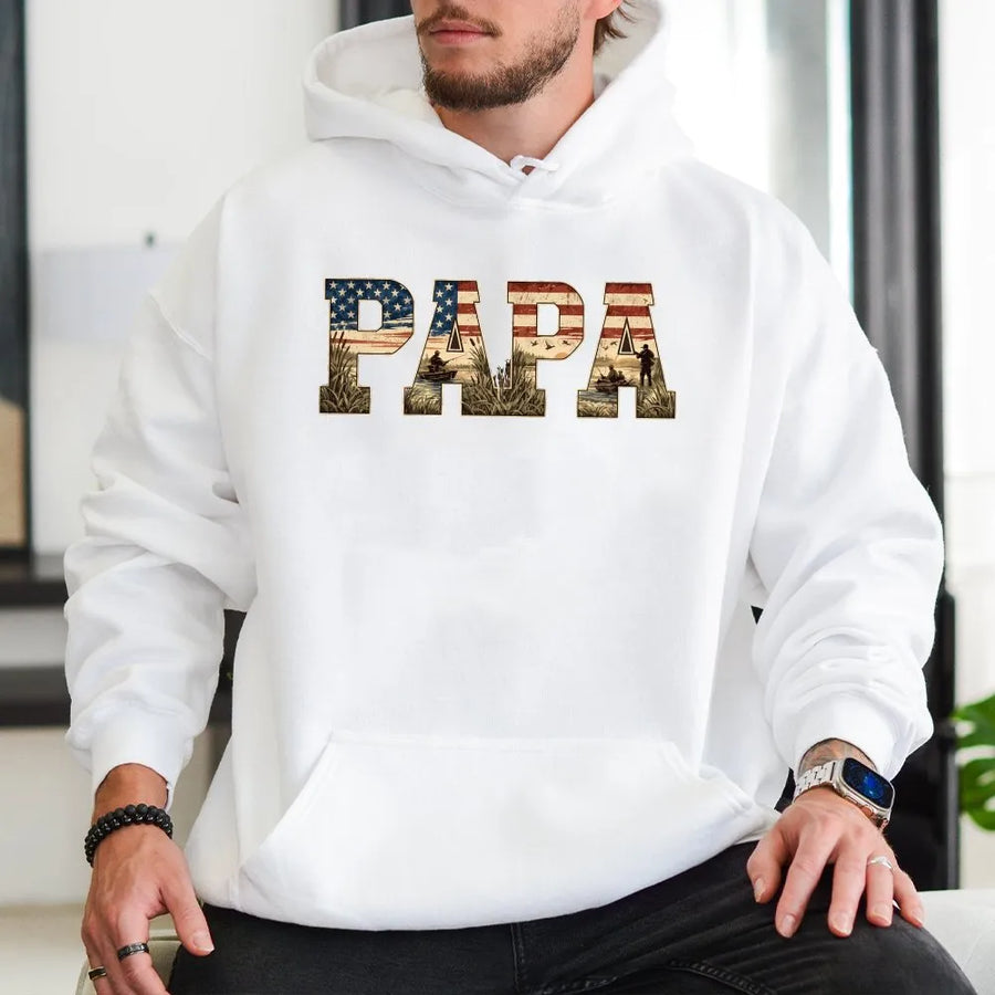 Papa Hoodie | American Flag Duck Hunting Graphic | Premium 100% Cotton Tee | Father's Day Gift for Hunter Dad