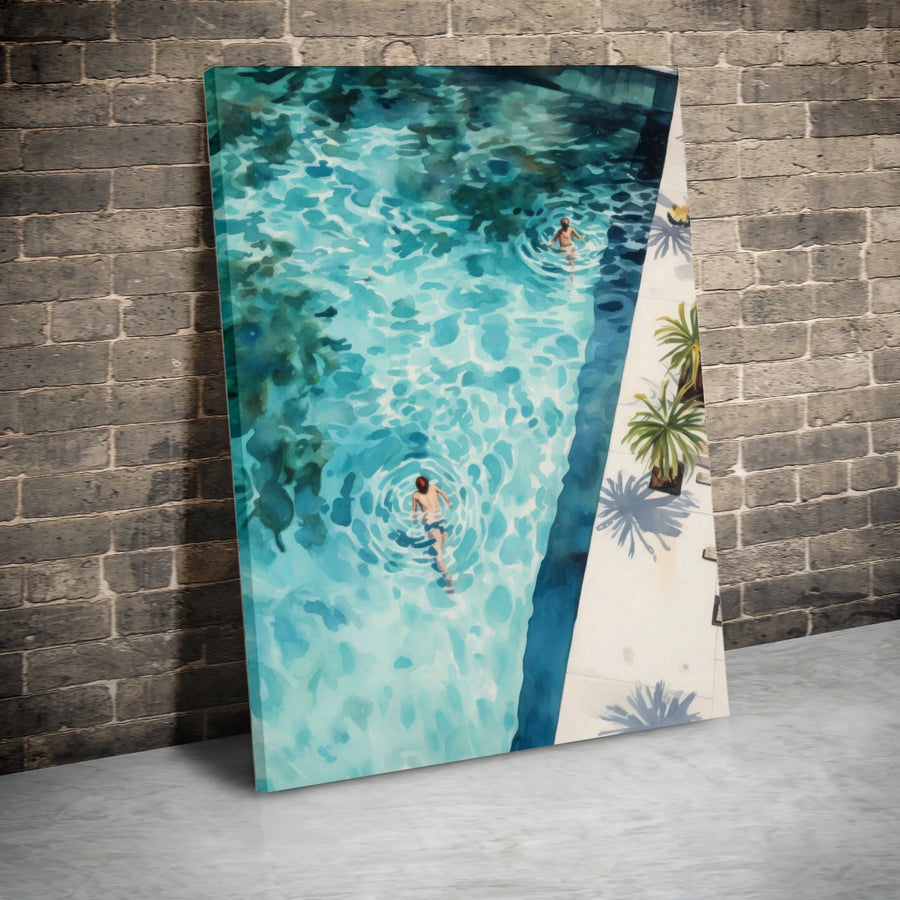 Swimming Pool Vertical Canvas | Watercolor Style Swimmers Art Print | Premium Thick Gallery Canvas | Modern Coastal Home Decor for Living Room