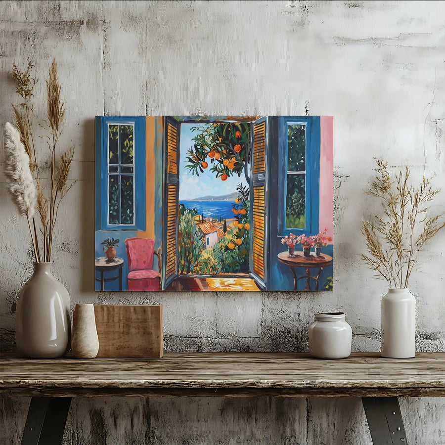 Mediterranean Window View Canvas | Orange Tree Coastal Village Art | Premium Gallery Wrapped Decor | Gift for Home Office Wall Art