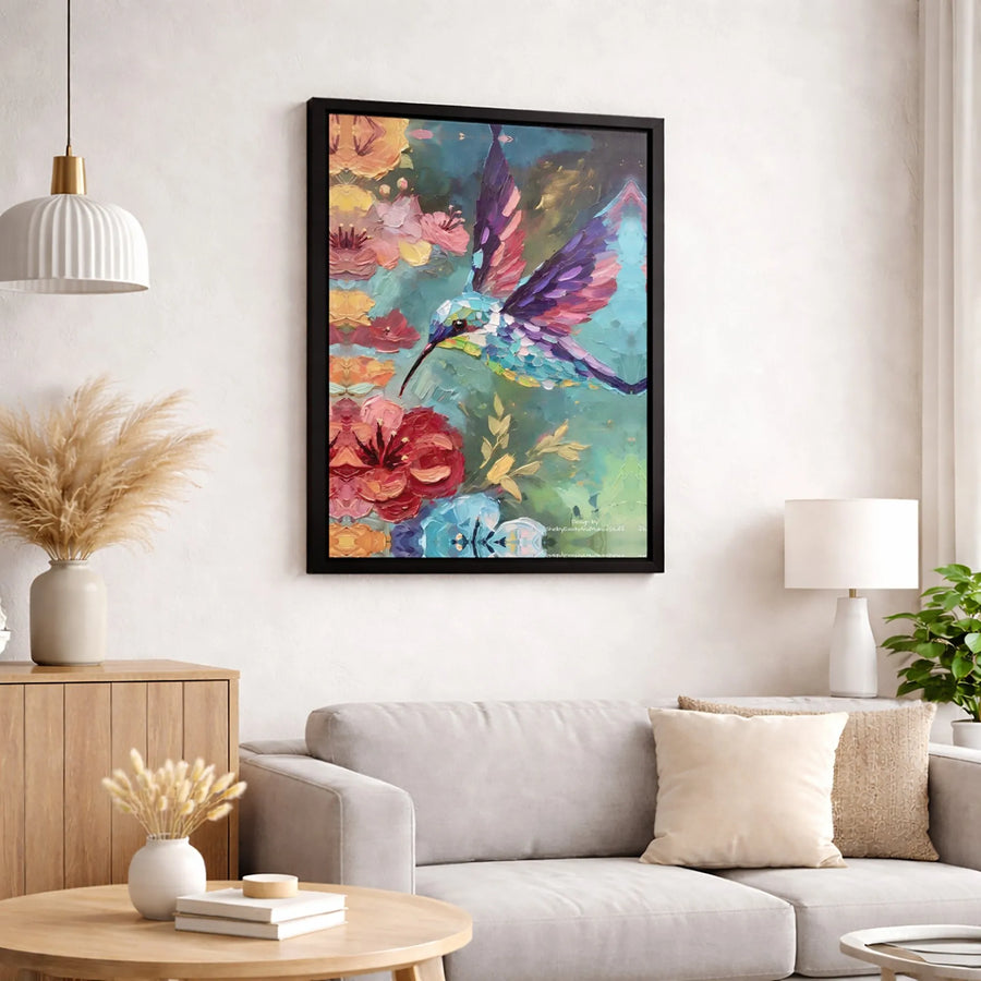Hummingbird Floral Canvas Art | Colorful Impasto Oil Painting Style | 1.25 Inch Gallery Wrap Premium Decor | Nature Wall Art For Home Gift