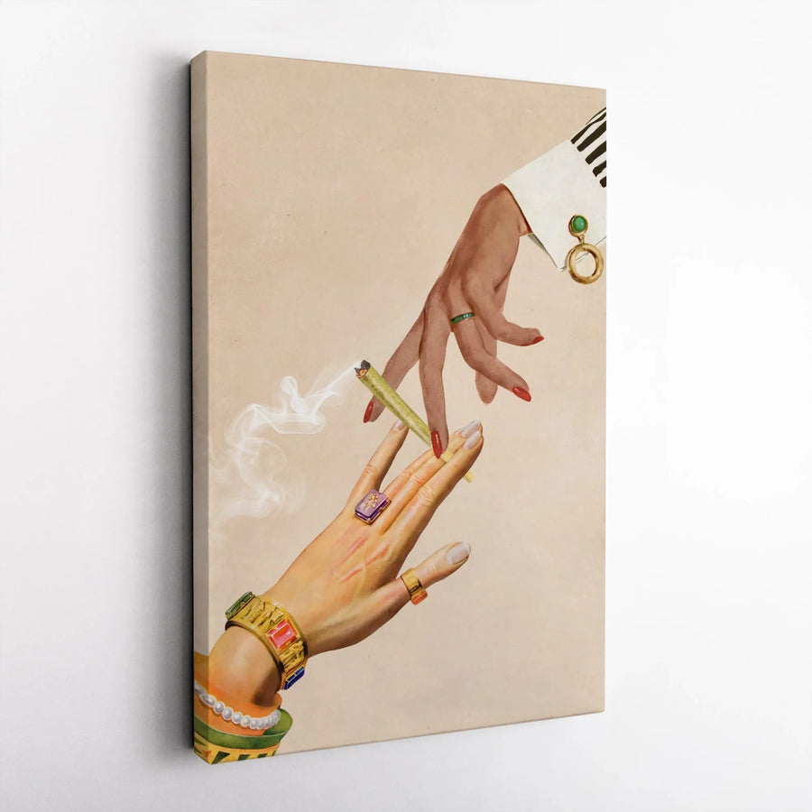 Surreal Collage Canvas Wall Art | Hands Passing Joint Retro Aesthetic | Premium Gallery Wrap Print | Edgy Home Decor For Stoner Aesthetic