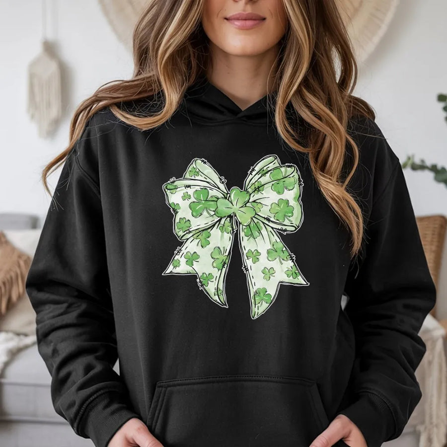 St Patricks Day Shamrock Bow Hoodie | Cute Irish Clover Ribbon Graphic | Premium Cotton Blend | Unisex Holiday Gift for Women and Men