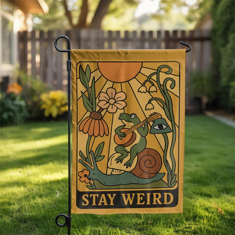Stay Weird Garden Flag | Retro Frog and Snail Art | Weather-Resistant Polyester | Boho Outdoor Yard Decor Gift