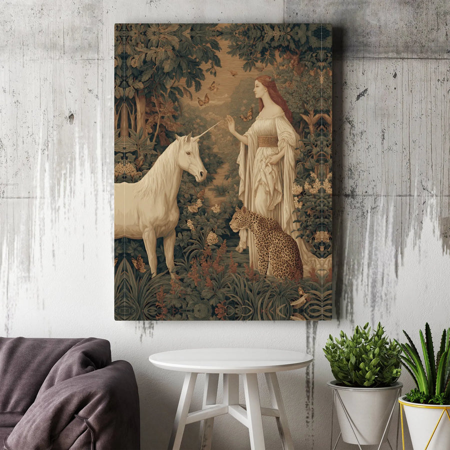 Unicorn and Lady Wall Art | Medieval Fantasy Forest Tapestry Canvas | Premium Gallery Wrap Print | Whimsical Home Decor Gift for Fantasy Lovers