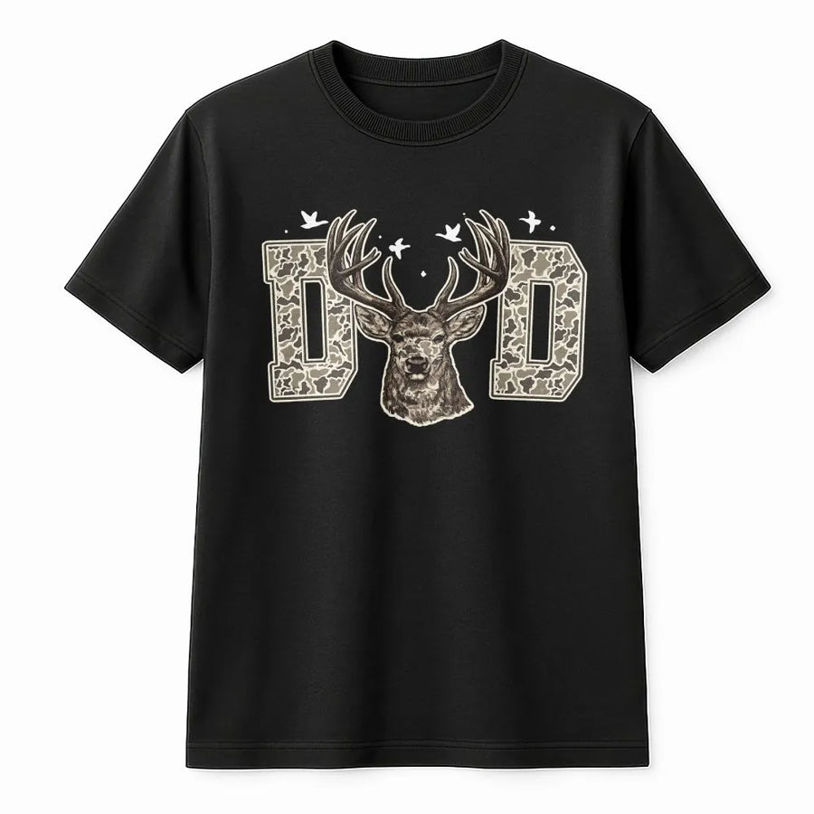 Camo Deer Dad T-Shirt | Hunting Buck Head Graphic Print | Premium 100% Cotton Tee | Perfect Wildlife Gift For Outdoorsy Fathers