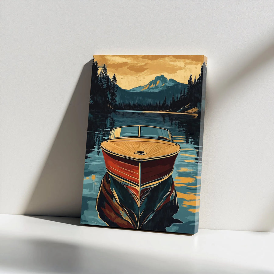 Vintage Boat Canvas Wall Art | Retro Wooden Speedboat on Mountain Lake | Premium Fade-Resistant Print | Lake House & Cabin Decor Gift