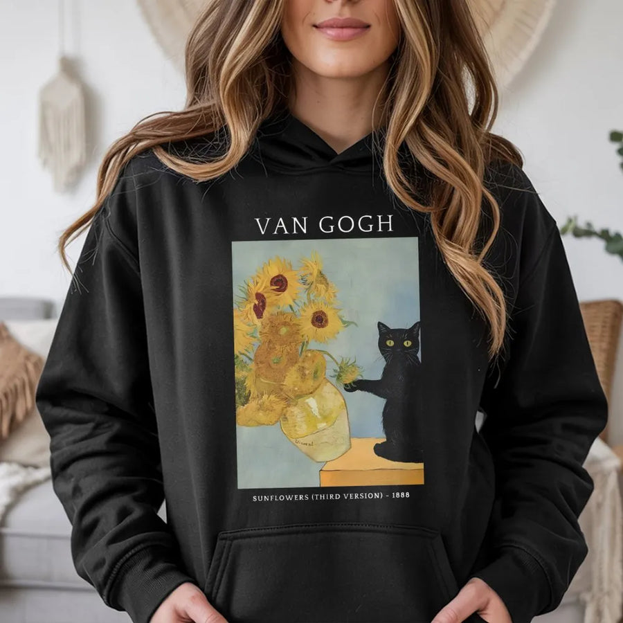 Van Gogh Sunflowers Cat Hoodie | Whimsical Art History Graphic Print | Soft Cotton-Polyester Blend | Unique Cat Lover Gift for Women and Men