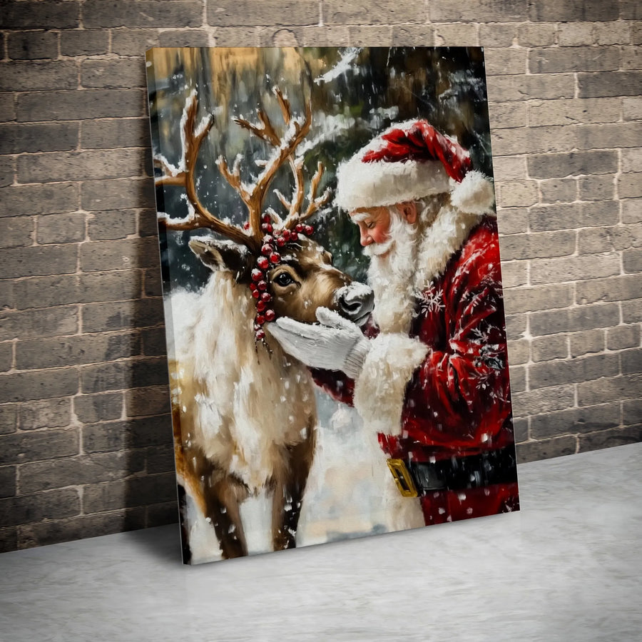 Santa Claus Reindeer Canvas Print | Winter Forest Holiday Wall Art | Premium Fade-Resistant Gallery Wrap | Festive Christmas Home Decor Gift