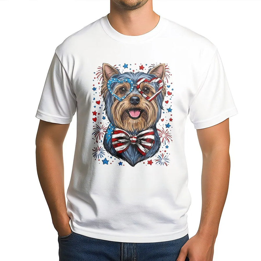 Patriotic Yorkie T-Shirt | USA Flag Sunglasses & Fireworks | Premium Cotton Blend | 4th of July Dog Lover Gift