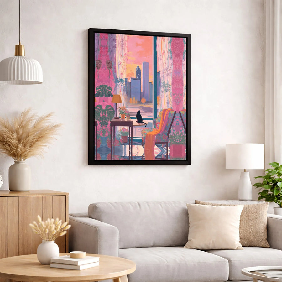 Black Cat City View Canvas Wall Art | Cozy Aesthetic Room Decor | Premium Fade-Resistant Print | Gift for Cat Lovers & Urban Home Decor