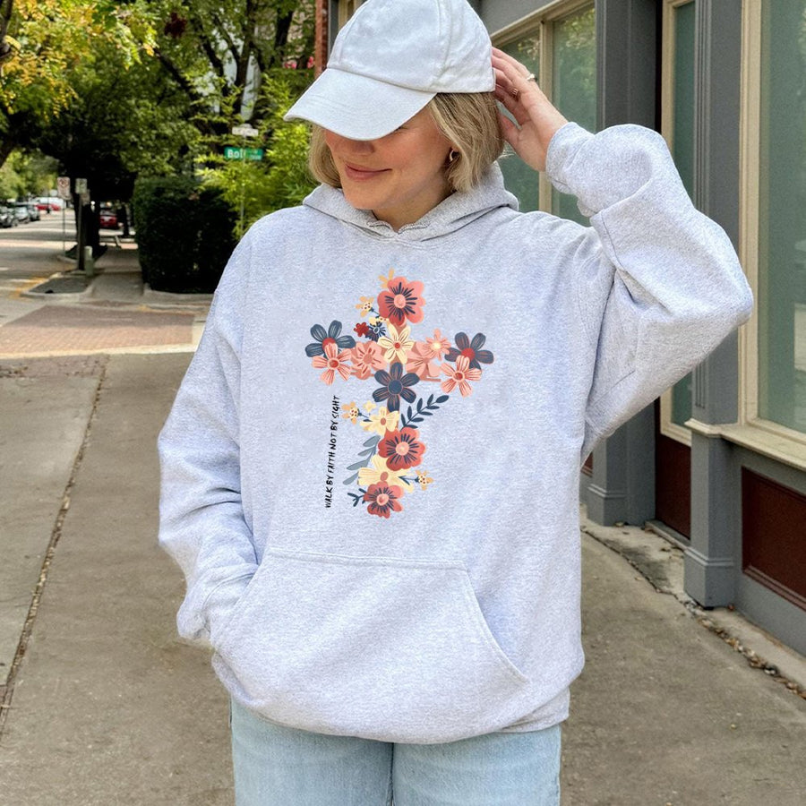 Walk By Faith Not By Sight Hoodie | Floral Cross Religious Graphic | Premium Cotton Blend | Christian Gift for Women and Men