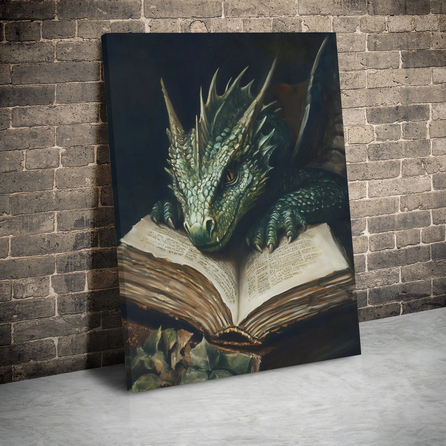 Green Dragon Reading Book Canvas Wall Art | Whimsical Fantasy Creature Decor | Gallery Wrapped Premium Quality | Gift for Fantasy Readers & Nerds