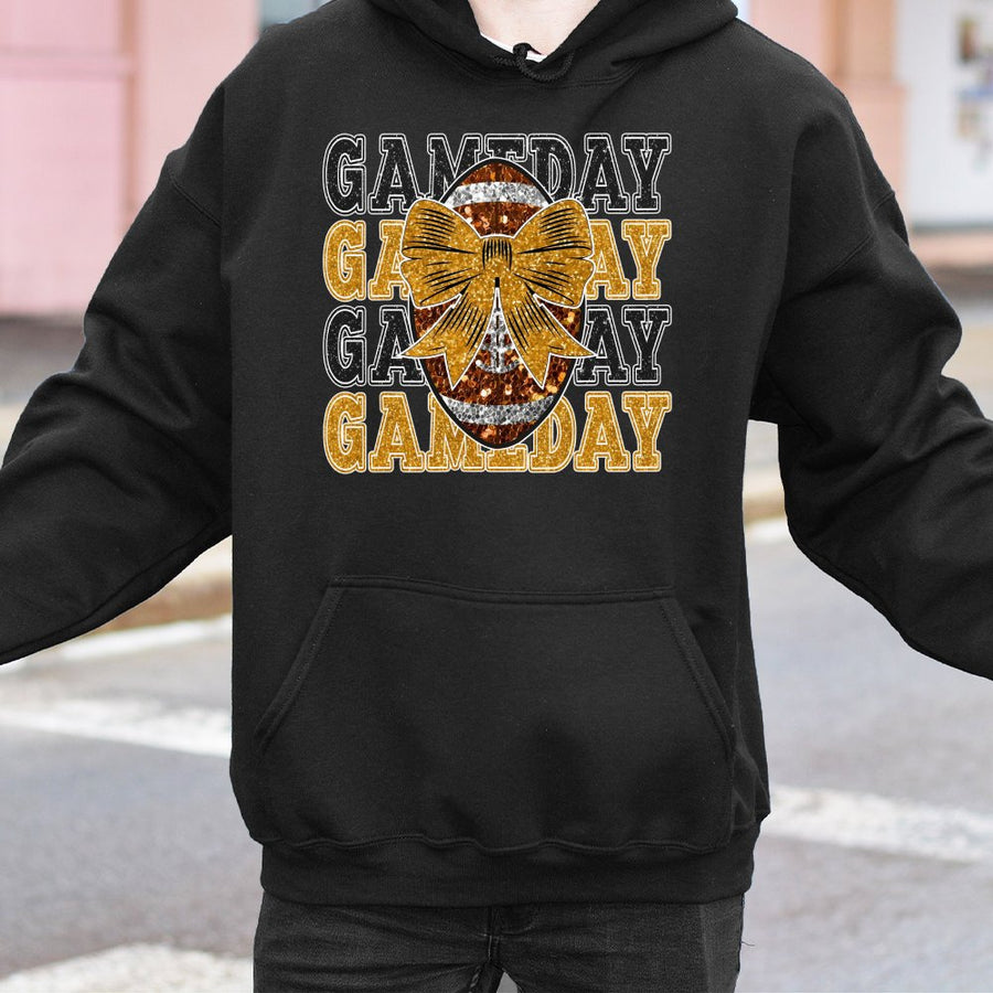Gameday Football Hoodie | Gold Glitter Bow Graphic Design | Premium Cotton Blend | Gift for Football Mom or Fan
