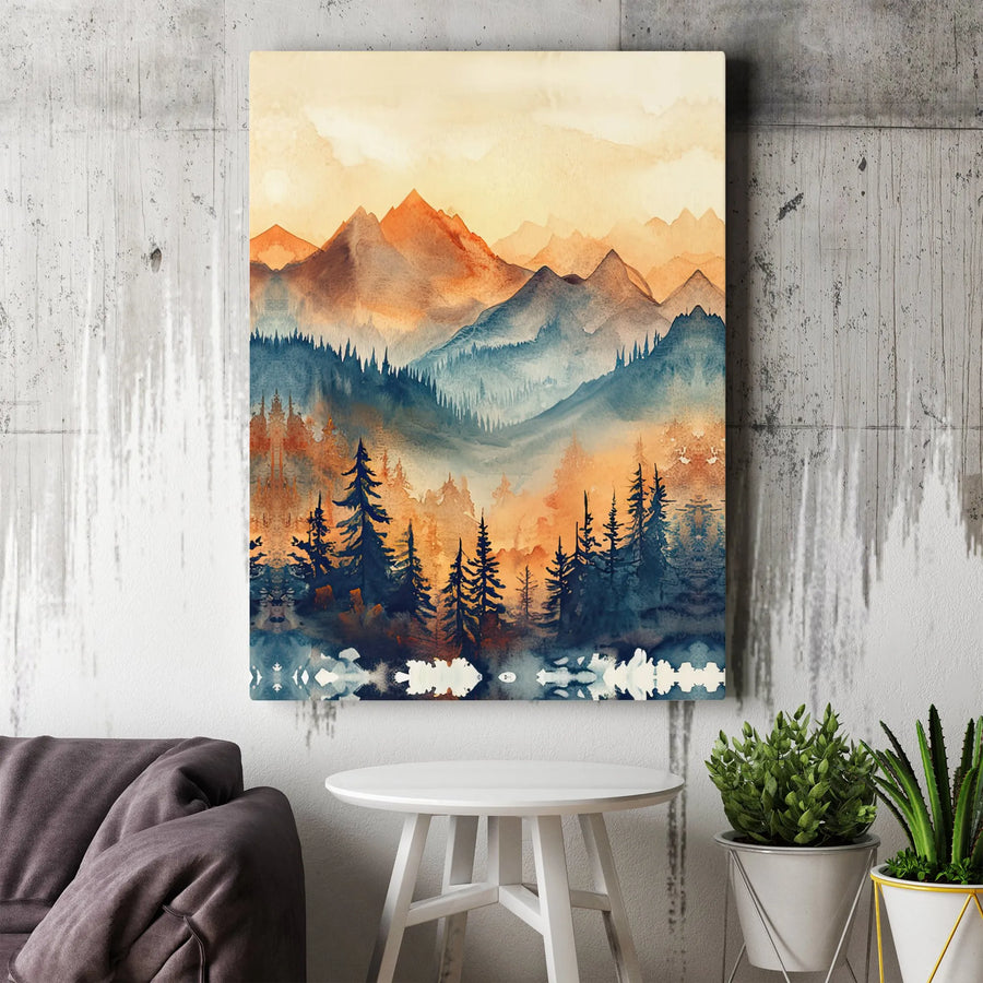 Mountain Forest Landscape Wall Art | Teal and Orange Watercolor Print | Premium Gallery-Wrapped Canvas | Modern Home Decor for Living Room