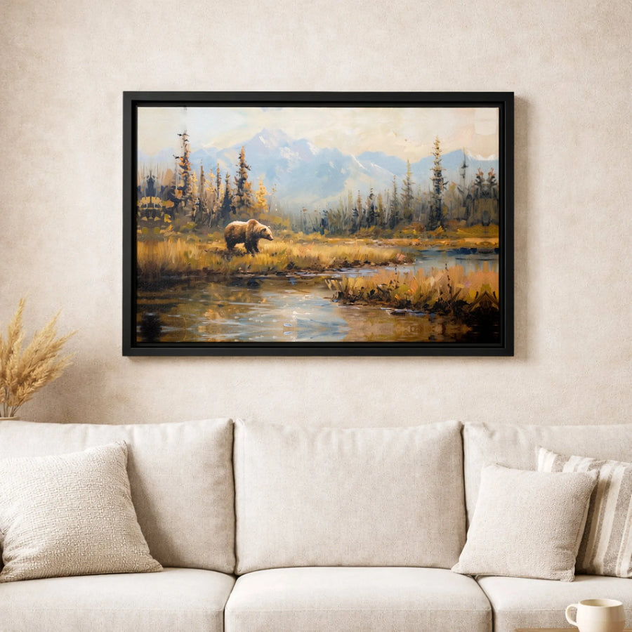 Grizzly Bear Canvas Wall Art | Autumn Mountain River Landscape | Premium Gallery-Wrapped Print | Wildlife Nature Decor for Home and Office