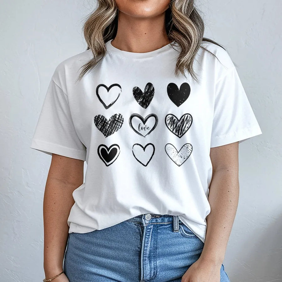 Heart Print Graphic T-Shirt | Distressed Sketch Valentine Design | 100% Soft Cotton Tee | Cute Gift for Her Couples Women Girls