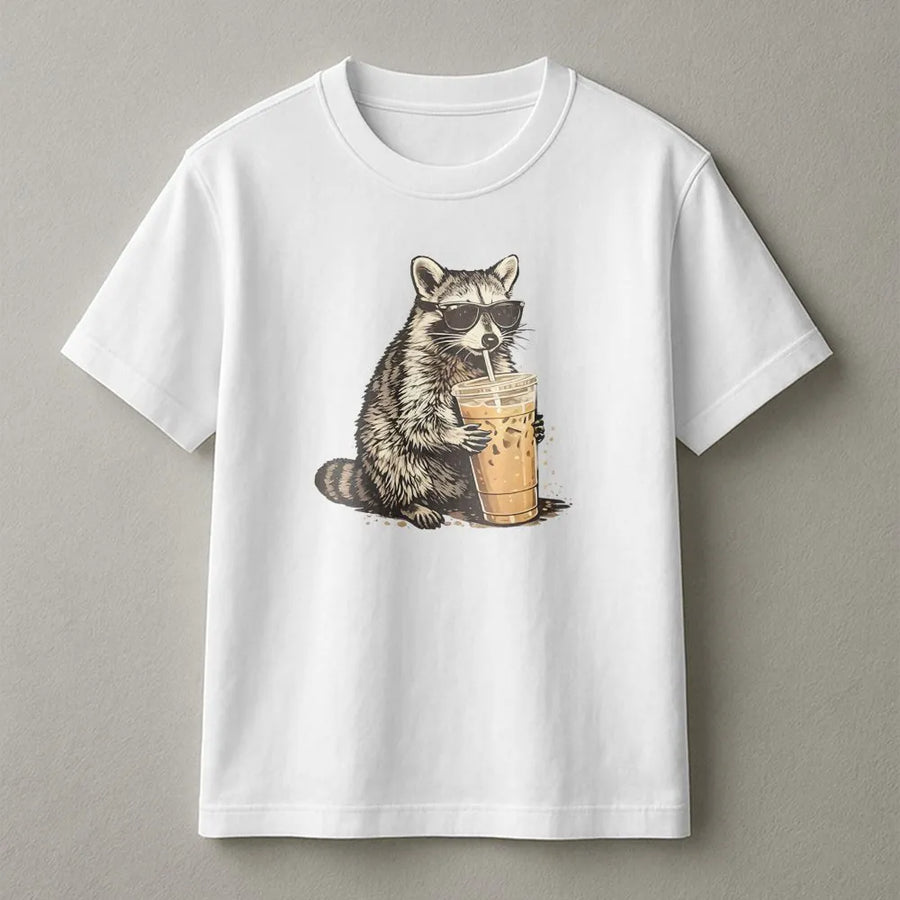 Raccoon Iced Coffee T-Shirt | Cool Raccoon with Sunglasses | Premium Soft Cotton Blend | Funny Animal Graphic Gift for Coffee Lover