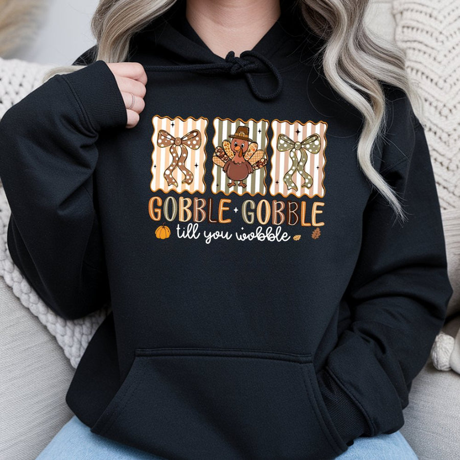 Gobble Gobble Till You Wobble Hoodie | Funny Thanksgiving Turkey Graphic | Premium Cotton Blend | Unisex Gift for Turkey Day Lovers