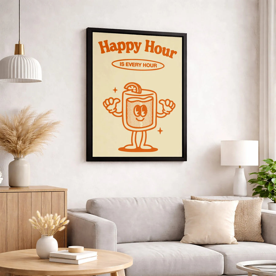 Happy Hour Canvas Wall Art | Retro Cartoon Cocktail Poster | Premium Gallery Wrap Print | Fun Bar Decor Gift for Home Kitchen or Man Cave