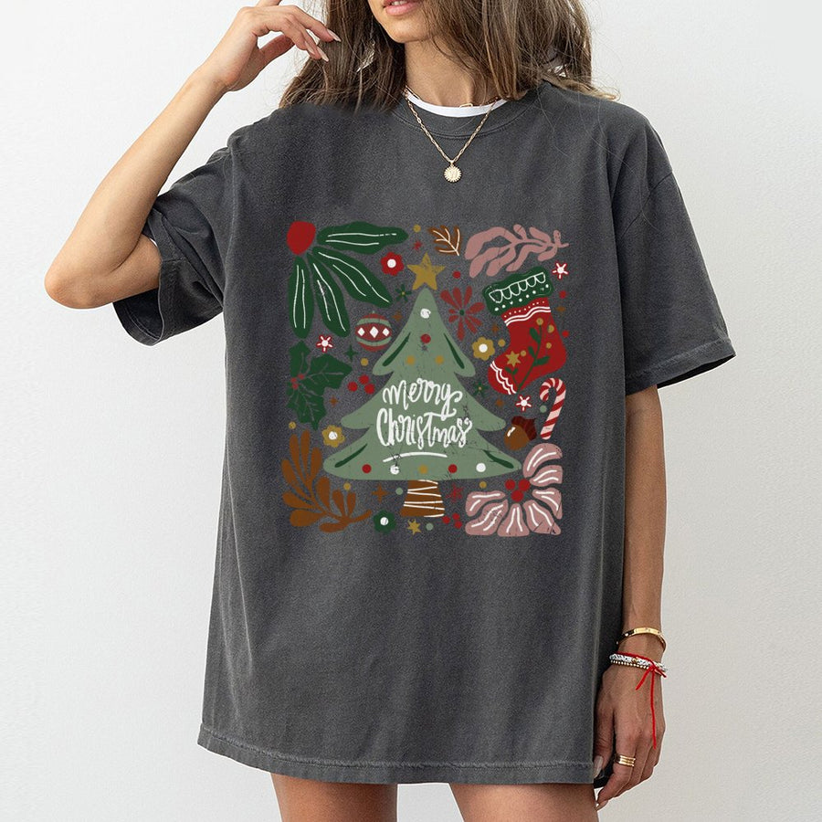 Merry Christmas Tree T-Shirt | Vintage Botanical Holiday Illustration | Premium 100% Cotton | Cute Festive Graphic Tee Gift for Him and Her